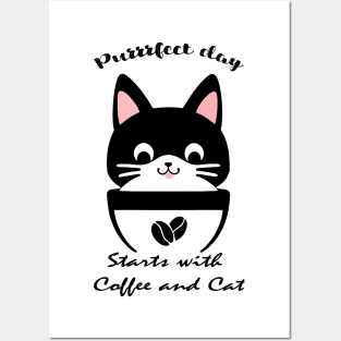cat and coffee , purrrfect day Posters and Art